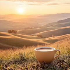 Sunrise coffee on hilly landscape