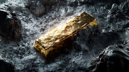 A gold bar resting horizontally at the center of a textured silver background, soft shadows surrounding its base