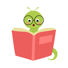 Bookworm funny cartoon character reading book vector illustration. Comic smart cute worm in eyeglasses studying learning education knowledge textbook library bookstore