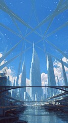 Fototapeta premium Futuristic cityscape with elevated structures and a canal.