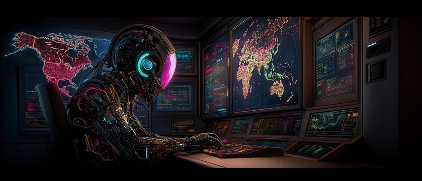 Cybernetic figure monitors global data on screens, in a dark control room - Powered by Adobe