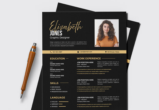 Black Gold Themed Resume Layout Design Template