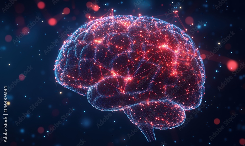 Poster digital representation of brain with glowing neural connections and data visualization