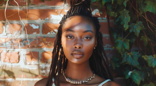 a beautiful African American woman, long brown locs tied in a ponytail, facing the camera, eyes gently squinting looking away, contemplative facial expression,casual collar top visible, beads neckalce