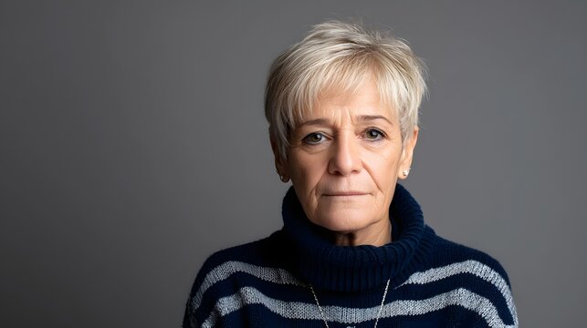 Closeup portrait of a mature elderly woman with a short gray pixie haircut and highlights wearing a striped knit sweater in a studio setting with a dark gray background