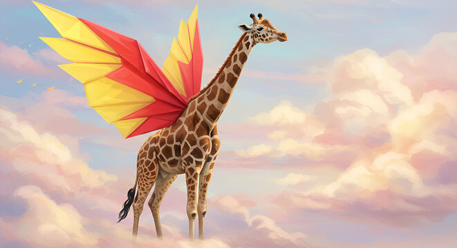 Giraffe with origami wings in clouds - Powered by Adobe