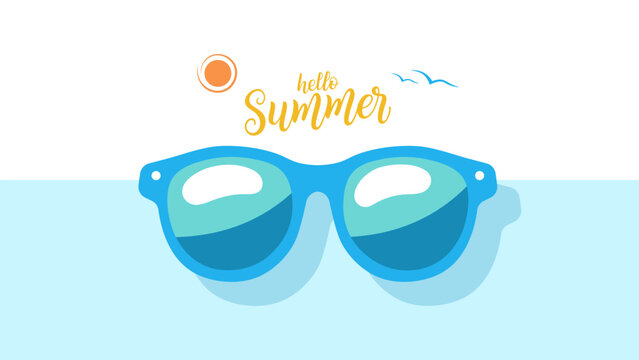Hello Summer banner. Summertime background with hand lettering and sunglasses for Summer season creative graphic design. Vector illustration.
