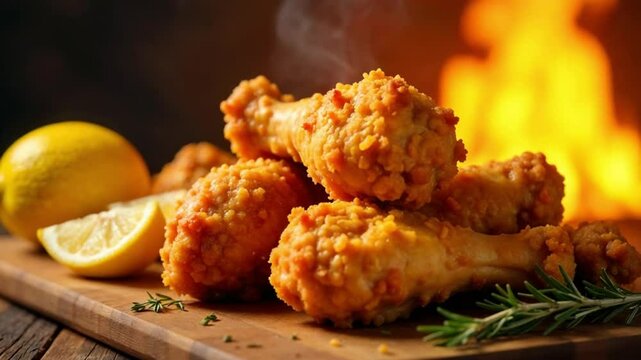 A mouth-watering close-up of crispy, golden-brown fried chicken drumsticks and wings stacked on a wooden board. Fresh lemon wedges and sprigs of rosemary are placed on the side for garnish.
