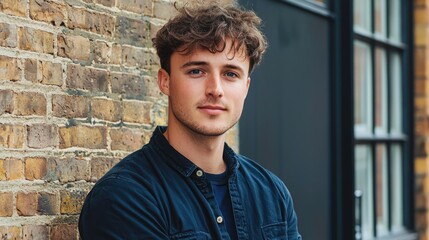 Portrait of a young man leaning against a brick wall.