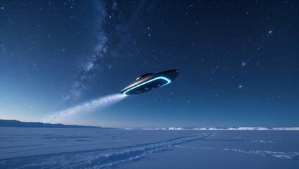 Obraz premium An alien spacecraft flies over a frozen landscape under a starry night, creating a mysterious scene.