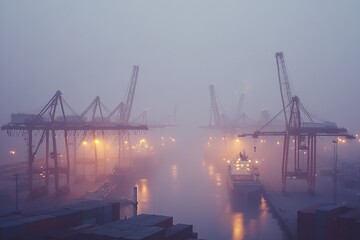 Obraz premium Container ship loading at foggy industrial port with cranes and cargo under dramatic dusk lighting