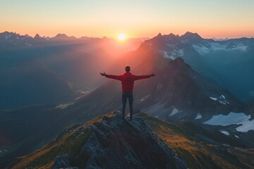 Fototapeta premium Man celebrating sunrise on mountain summit, embracing scenic alpine view in golden morning light with panoramic peaks and serene atmosphere