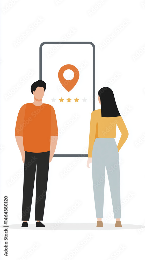 Poster two individuals standing together, observing a smartphone screen displaying a location pin and ratin