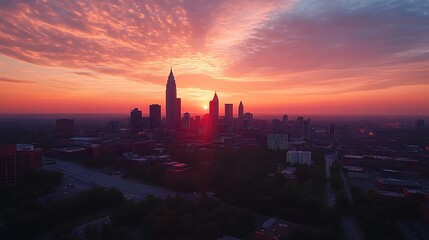 Sunrise over a metropolis cityscape at dawn.