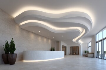Modern interior design showcasing elegant reception area with flowing ceiling lines natural light enhancing welcoming atmosphere and stylish architectural details