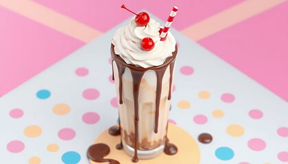 Chocolate Milkshake Topped with Whipped Cream and Cherries with Polka Dot Background in Studio Setting