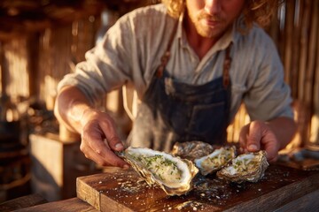 Freshly shucked oyster on wooden board with knife and unopened oysters