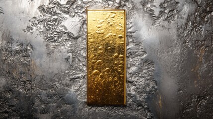 A single polished gold bar centered on a sleek silver background, creating a striking contrast between warm gold and cool silver