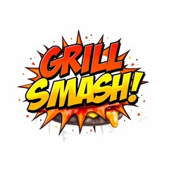 Explosive anime-style typography with comic action word GRILL SMASH! in bold vibrant burst design