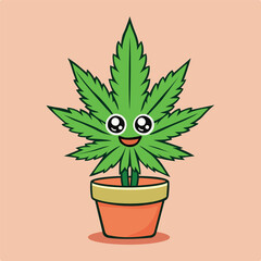 Flat style vector illustration. Cute cannabis leaf in a pot smiling.