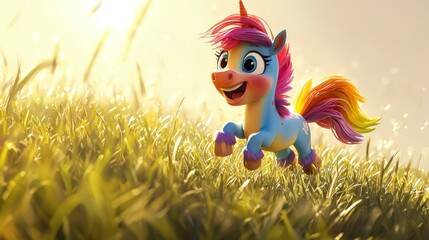 Naklejka premium Playful unicorn runs through tall grass at dawn