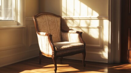Mahogany wood chair in sunlit corner
