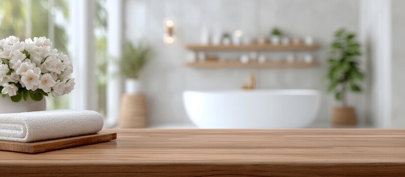 A modern bathroom with a wooden countertop, white towels, fresh flowers, and a bathtub in a bright, serene setting.