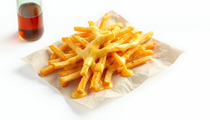 Crinkle Cut French Fries Topped with Melted Cheese Served on Parchment Paper with Dark Liquid in White Background