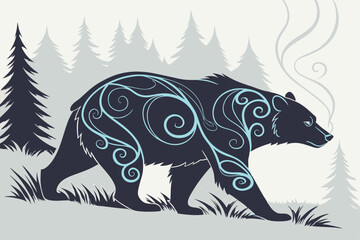 72 Magical bear, glowing blue spirit energy, forest silhouette, misty background, ethereal atmosphere, spiritual animal guide, intricate swirling patterns, dark fur, luminescent markings, mystical aur