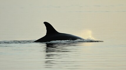 Fototapeta premium A whale tail breaking the waters surface at dusk, creating a gentle ripple as twilight colors reflect on the sea