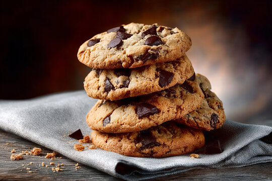 Golden-brown chocolate chunk cookies stacked on a textured cloth, set against a rustic wooden background with a warm, cozy atmosphere.