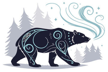 72 Magical bear, glowing blue spirit energy, forest silhouette, misty background, ethereal atmosphere, spiritual animal guide, intricate swirling patterns, dark fur, luminescent markings, mystical aur