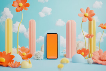 Vibrant colorful sp floral scene with tall pastel pillars and cheerful blooming flowers surrounding a modern smartphone on bright sky background