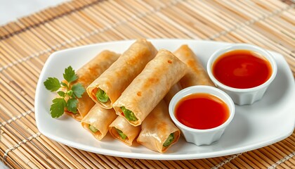 Crispy Golden Spring Rolls with Red Sauce on White Plate and Bamboo Mat Still Life