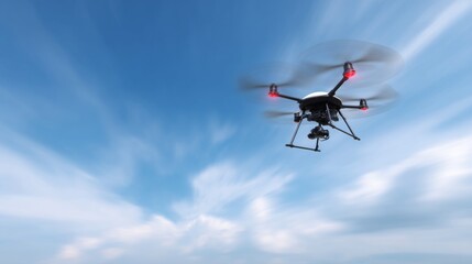 A drone flies high in the blue sky. Its sleek design and spinning blades show advanced technology. Perfect for photography, surveillance or recreational use. AI