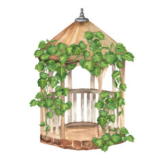 An ivy-covered old garden gazebo with stony basement and yellow brown roof. Garden clipart. Hand-drawn watercolor illustration. For postcards, patterns, covers design, gardening leaflets