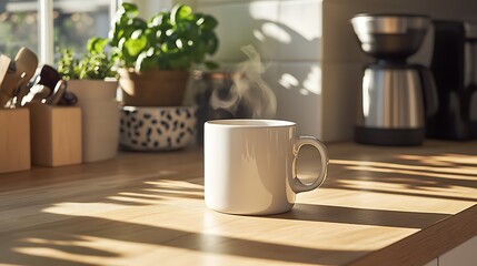 Sunlit kitchen countertop with a mug and plants.