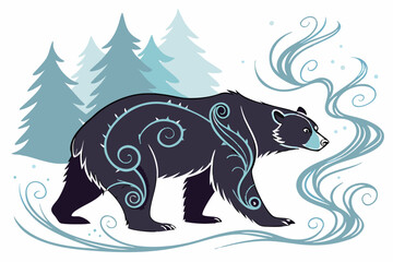 72 Magical bear, glowing blue spirit energy, forest silhouette, misty background, ethereal atmosphere, spiritual animal guide, intricate swirling patterns, dark fur, luminescent markings, mystical aur