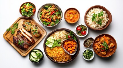 An assortment of delectable dishes showcasing various cuisines and ingredients artfully arranged on a pristine white surface creating an inviting culinary presentation.