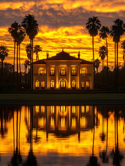 Lakeside Sunset Silhouette of Villa Amidst Palm Trees and Reflection