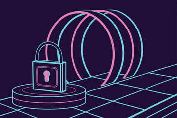 73 Neon padlock, glowing lock icon, cybersecurity concept, circular neon arches, futuristic display platform, dark reflective floor, pink and blue neon lights, 3D rendering, digital art, high contrast