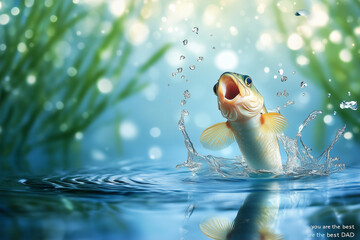 Fish Splashing in Water. A fish leaps from water, creating a splash. Perfect for outdoor and nature themes, wildlife awareness, or aquatic event designs.