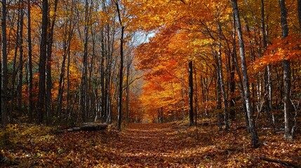 Fototapeta premium Autumnal forest path lined with vibrant foliage.