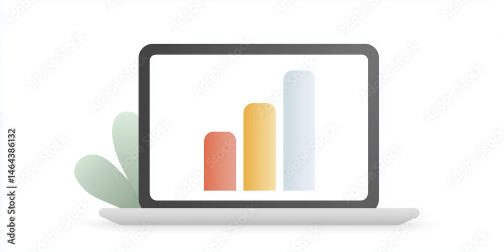 Poster laptop mock up displaying colorful bar graph on screen, representing data analysis and growth, with 