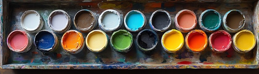 Fototapeta premium A vibrant paint tray showcasing an array of contrasting bright and neutral tones, perfect for artistic inspiration and home renovation projects.