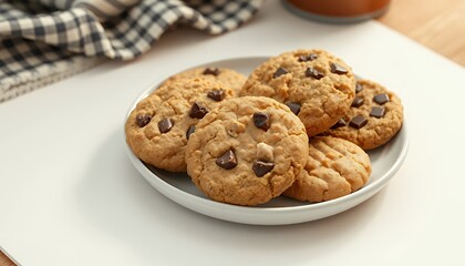 Golden Chocolate Chip Cookies Neatly Stacked on a White Plate with Blue Checkered Cloth Background