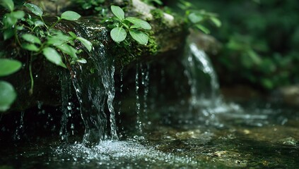 Fototapeta premium A close-up of the water flowing over rocks in an outdoor stream, with sunlight reflecting off its surface