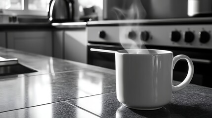Stylish monochrome kitchen scene with steaming mug.