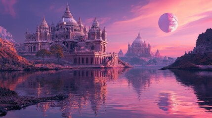 Obraz premium A serene, fantasy cityscape reflected in a tranquil lake.