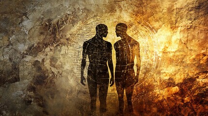Fototapeta premium Two ancient figures merging into one silhouette, glowing evolutionary timeline behind, revealing human origins